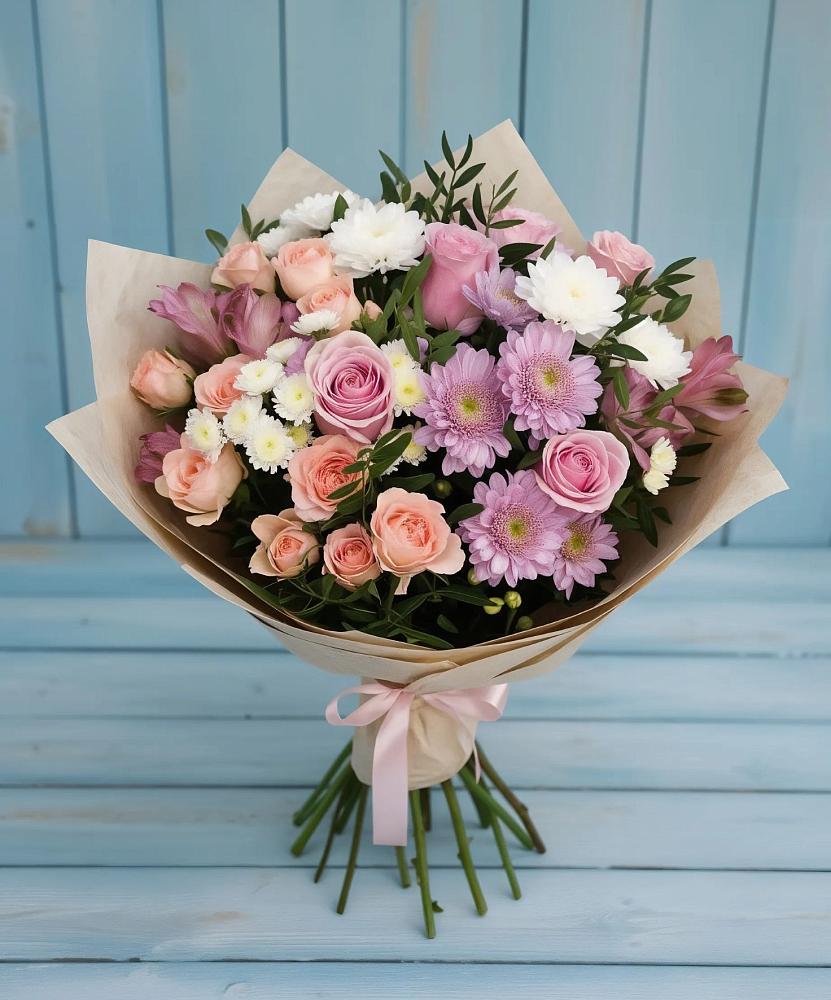 Букет цветов из: Хризантемы, Розы и Альстромерии в Горшечное