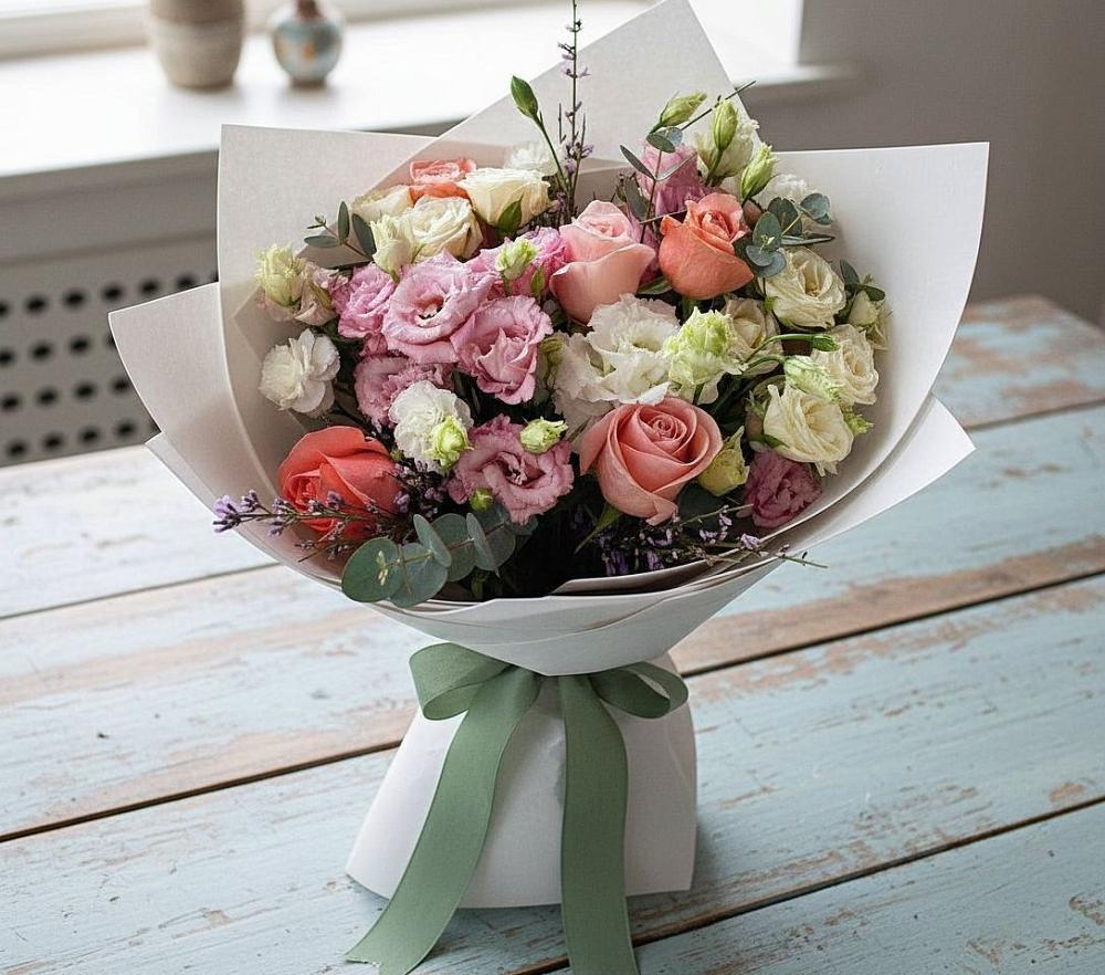 Букет цветов из: Розы, Лизиантусы и Гвоздики в Горшечное