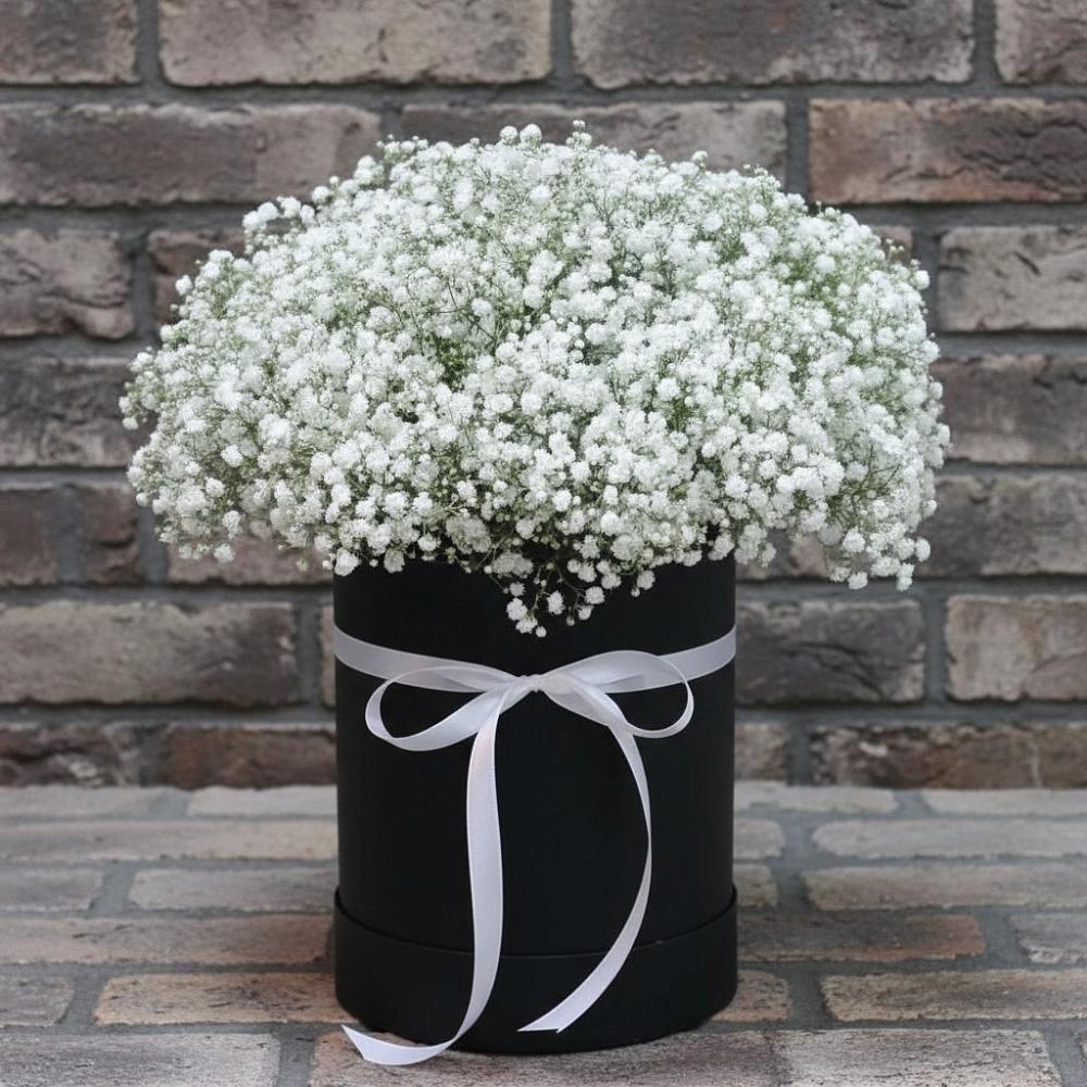 Цветочная композиция из Гипсофила в шляпной коробке в Горшечное