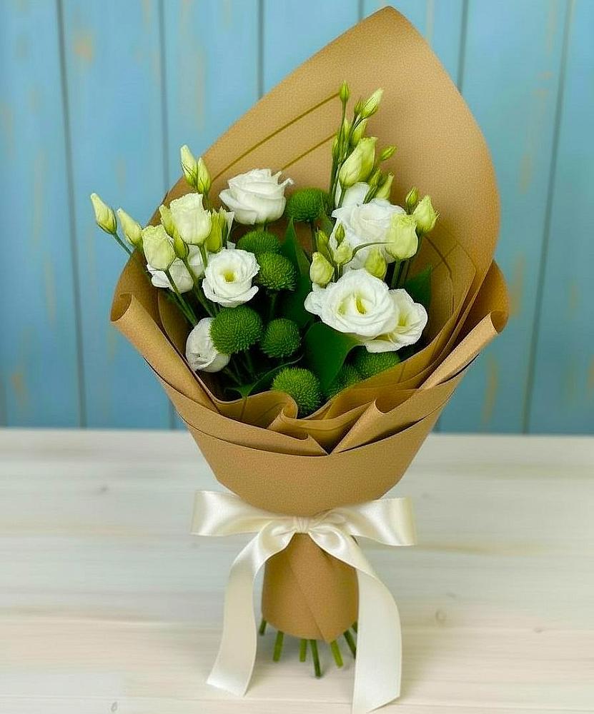 Букет цветов из: Хризантемы и Лизиантусы в Горшечное