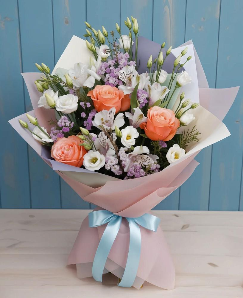 Букет цветов из: Лизиантусы, Розы, Альстромерии и Гипсофила в Горшечное