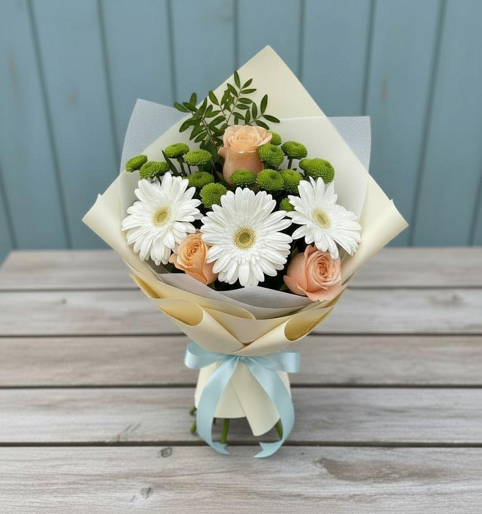 Букет цветов из: Герберы, Розы и Хризантемы в Горшечное