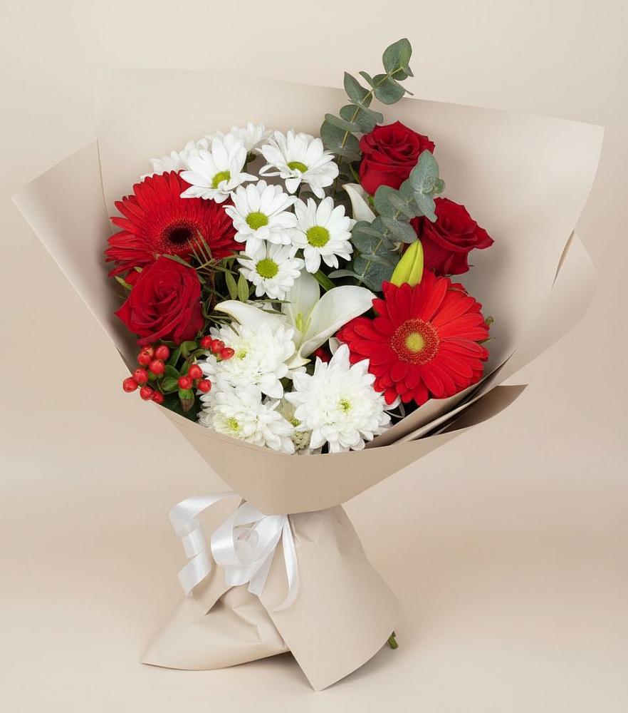 Букет цветов из: Розы, Хризантемы, Герберы и Лилии в Горшечное