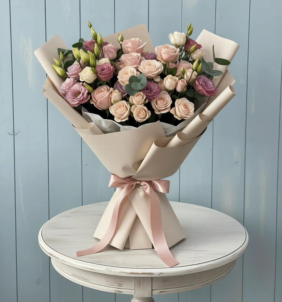 Букет цветов из: Розы и Лизиантусы в Горшечное