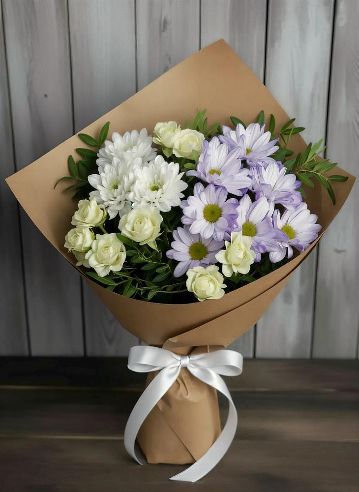 Букет цветов из: Хризантемы и Розы в Горшечное